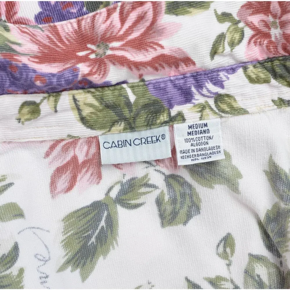 Vintage 90s Floral Grape Vine Print Shirt Cotton Corduroy Collared Blouse M - Picture 8 of 8